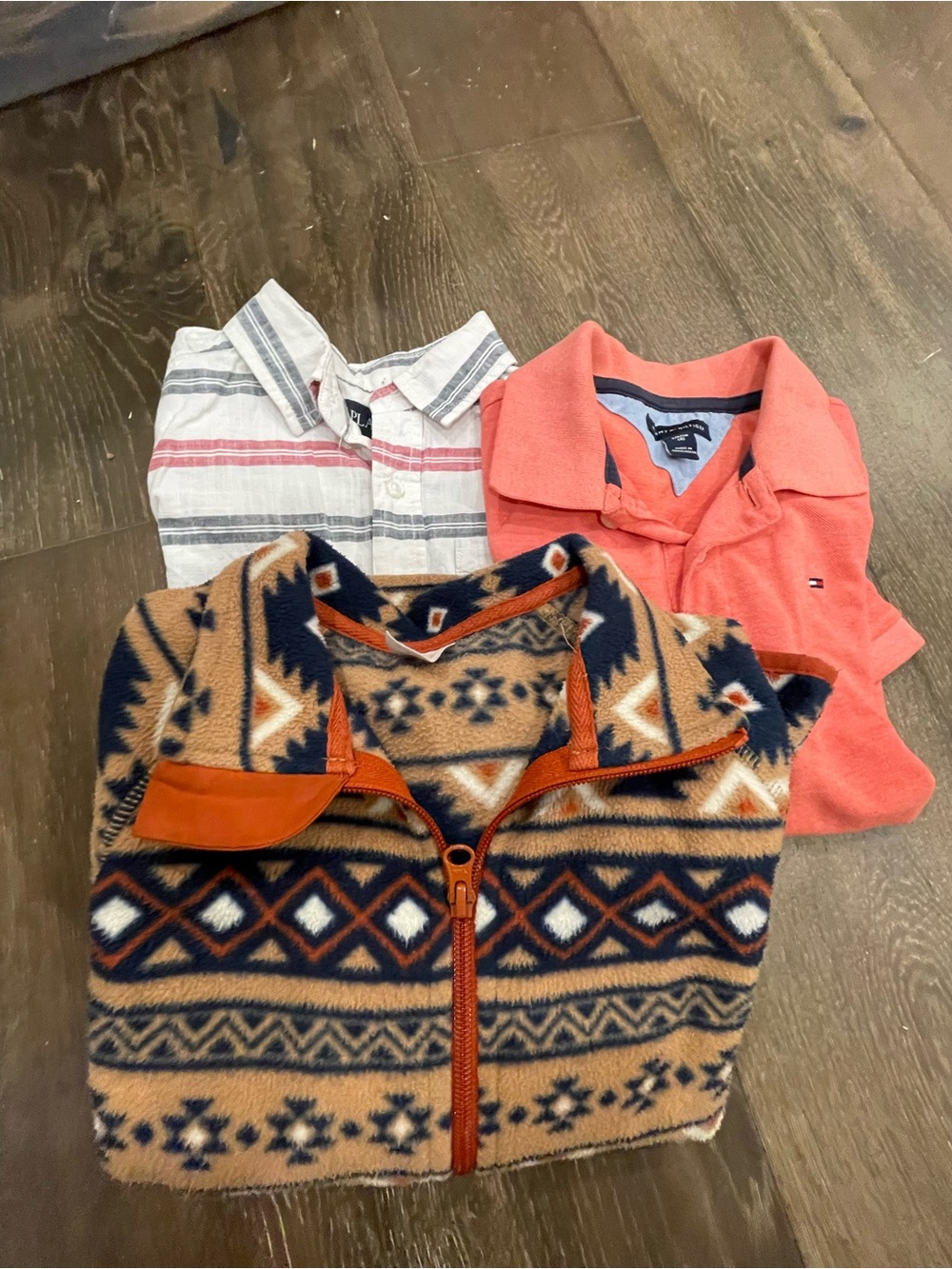 Kids Aztec Zip-Up Fleece Jacket in Tan & Navy and polo and button up shirt
